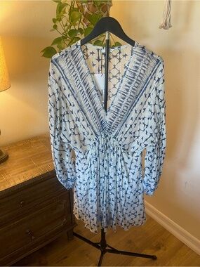 Zara Blue and White V-Neck metallic thread Mini Dress